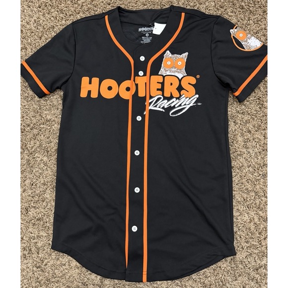 Hooters Racing Baseball Jersey Black Orange Button Up Shirt 00 Owl Logo Sz Small - Picture 1 of 6